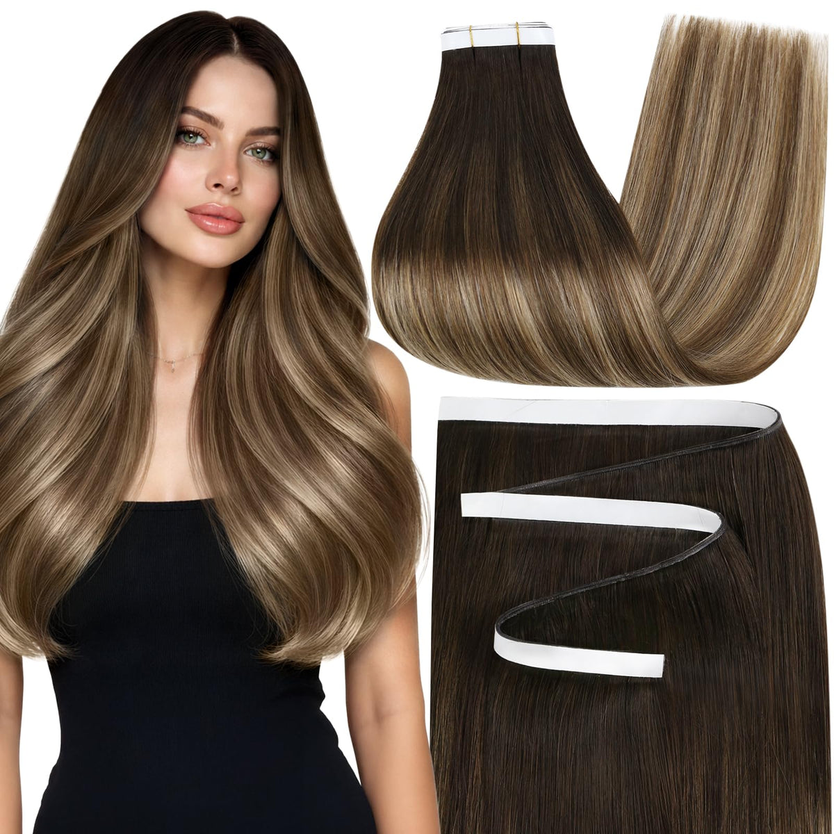 Moresoo Weft Tape in Extensions 16 Inch Brown Blonde front view