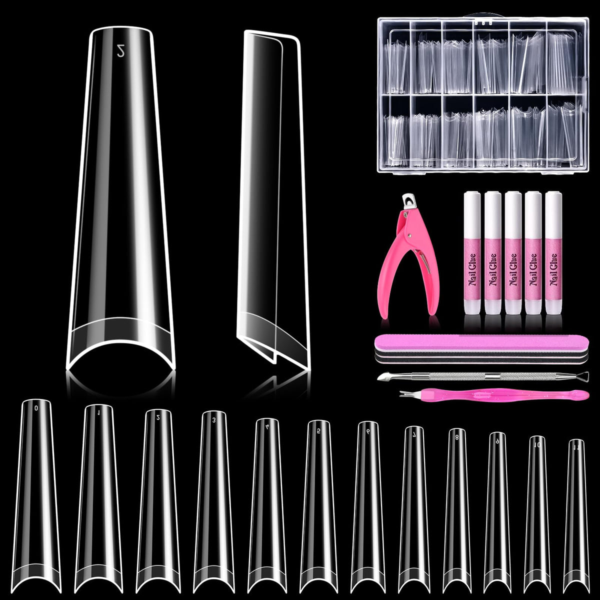 MORGLES 240 Pcs Extra Long Clear Coffin Nail Tips Set front view