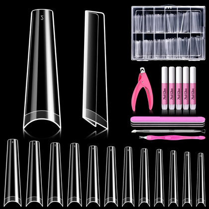 MORGLES 240 Pcs Extra Long Clear Coffin Nail Tips Set front view
