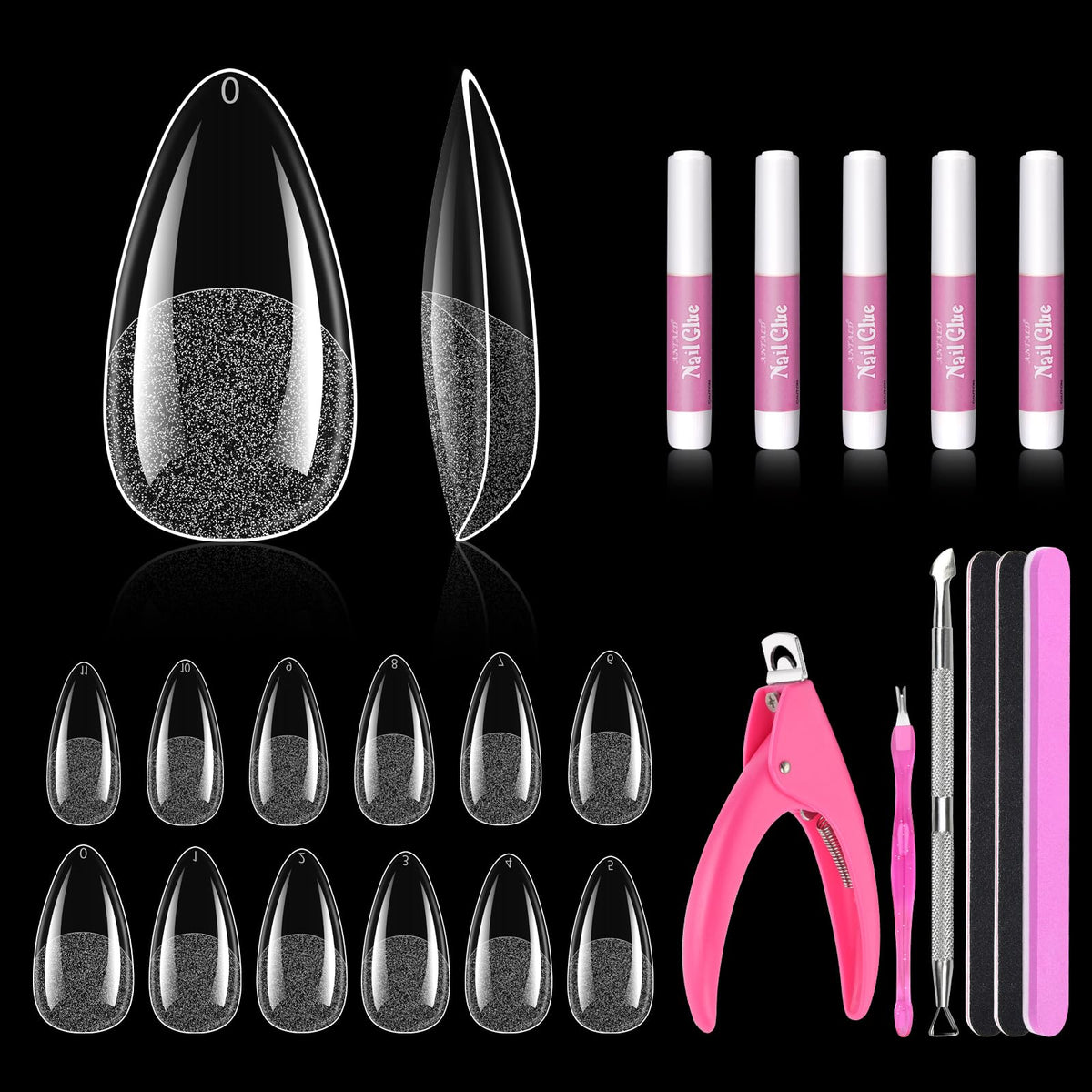 MORGLES 480Pcs Clear Almond Fake Nail Tips Kit front view