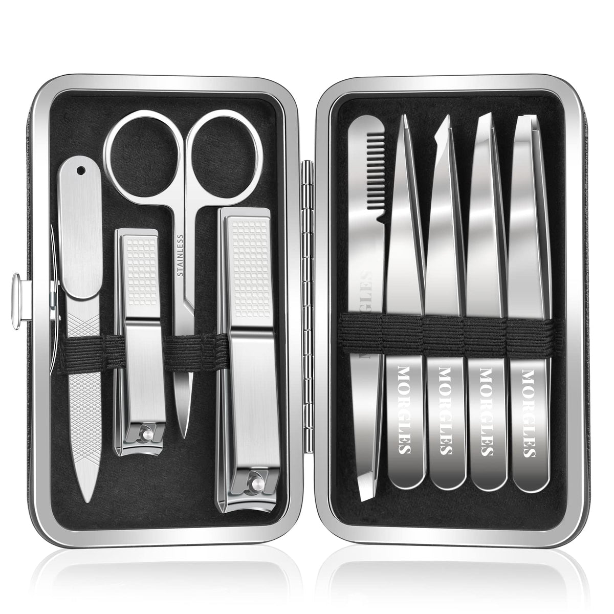 MORGLES 9-piece tweezers set in compact PU case