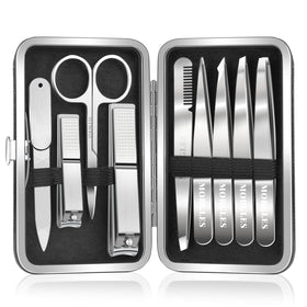 MORGLES 9-piece tweezers set in compact PU case