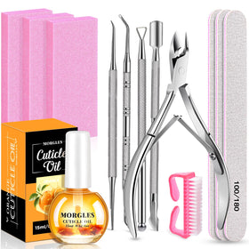 MORGLES Cuticle Remover Tools Set with orange cuticle oil and nail files