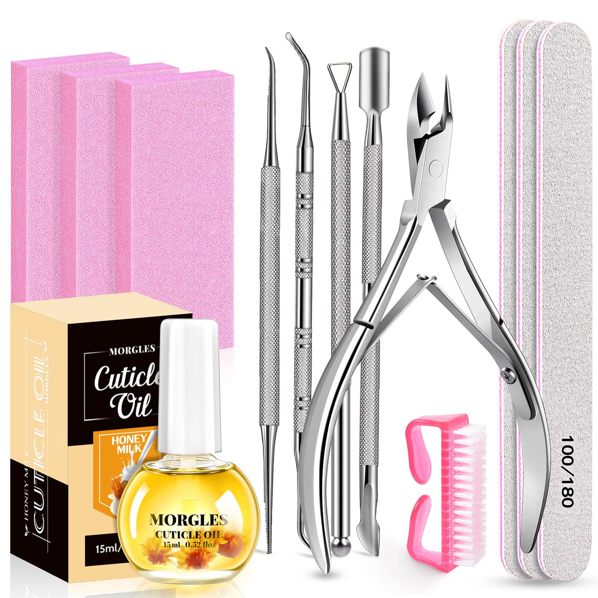 MORGLES Nail File and Buffer Blocks set with cuticle oil and tools