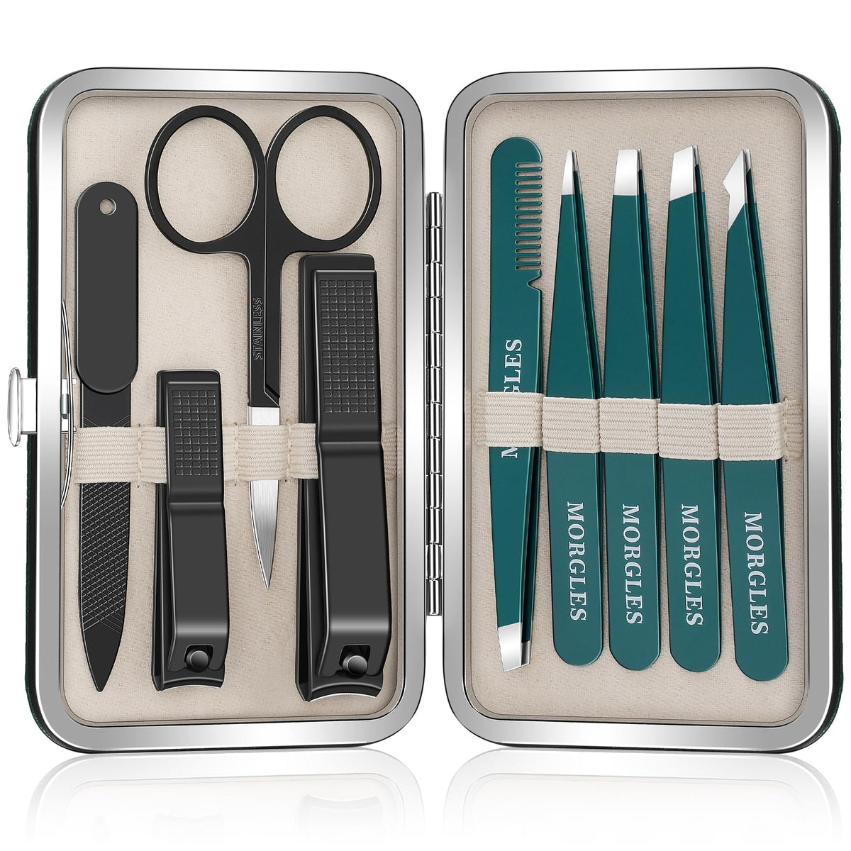 MORGLES Tweezers Set 9 Pcs with compact PU case front view