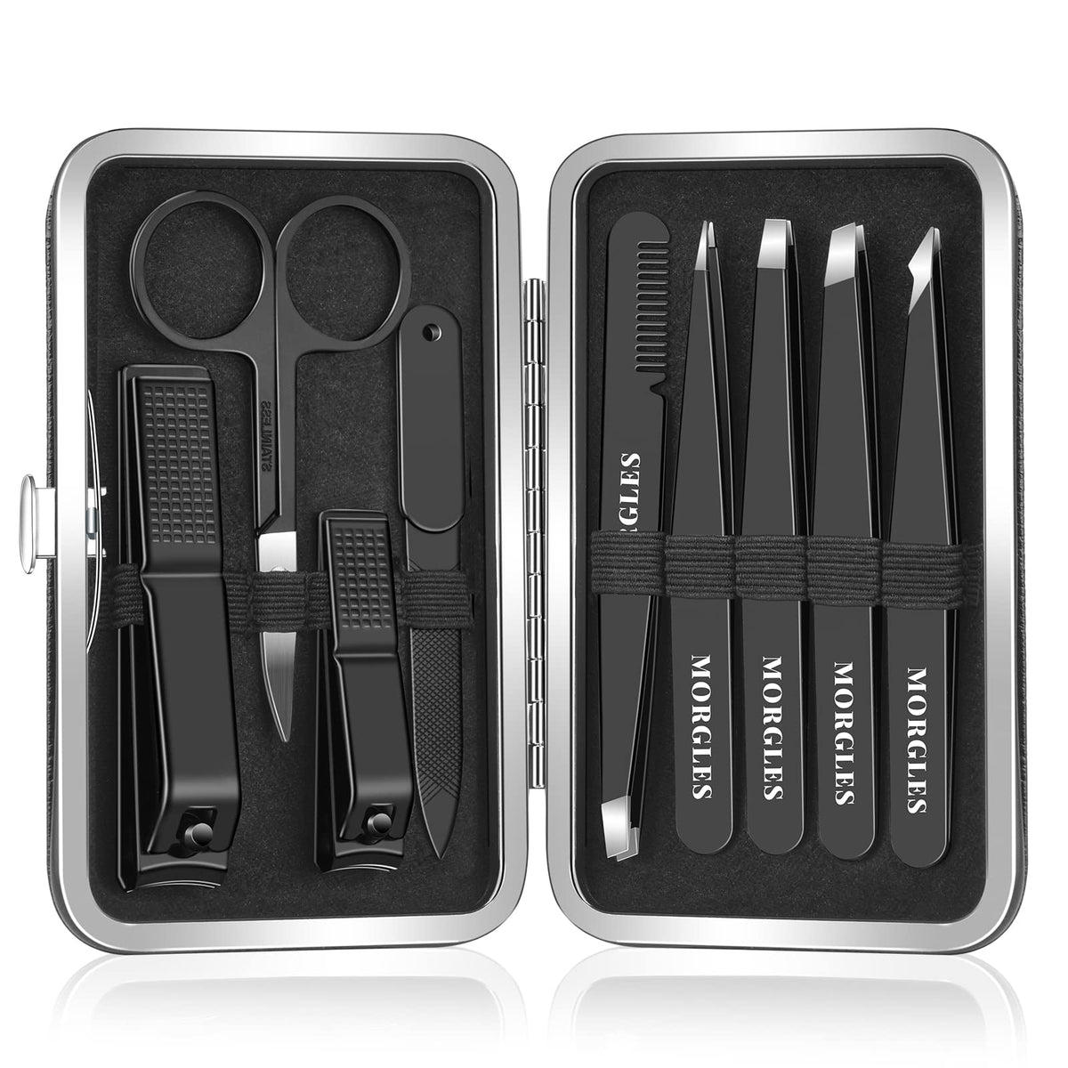 MORGLES Tweezers Set 9 Pcs with leather case front view