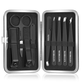 MORGLES Tweezers Set 9 Pcs with leather case front view