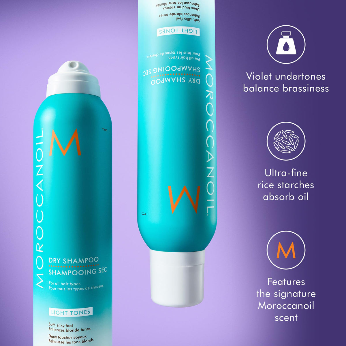 Moroccanoil Dry Shampoo Light Tones on a bathroom shelf