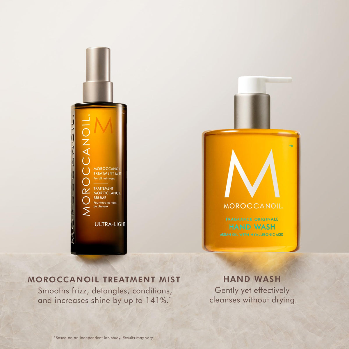 Moroccanoil Mist and Hand Wash set on a vanity