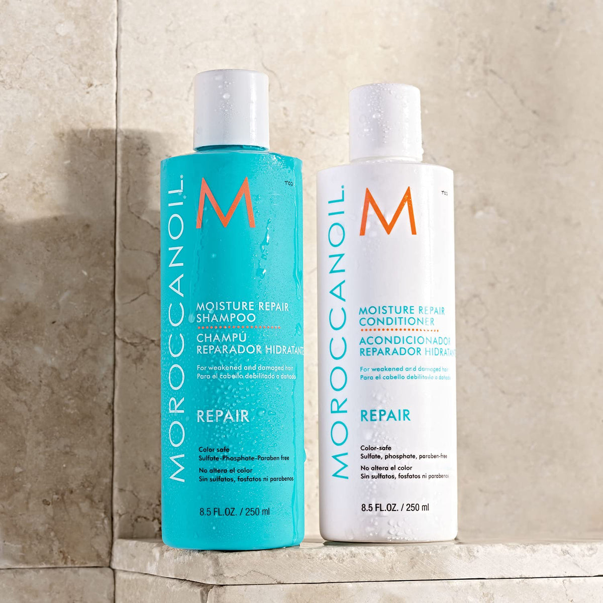 Moroccanoil Moisture Repair Conditioner 8.5 Fl Oz in a bathroom setting
