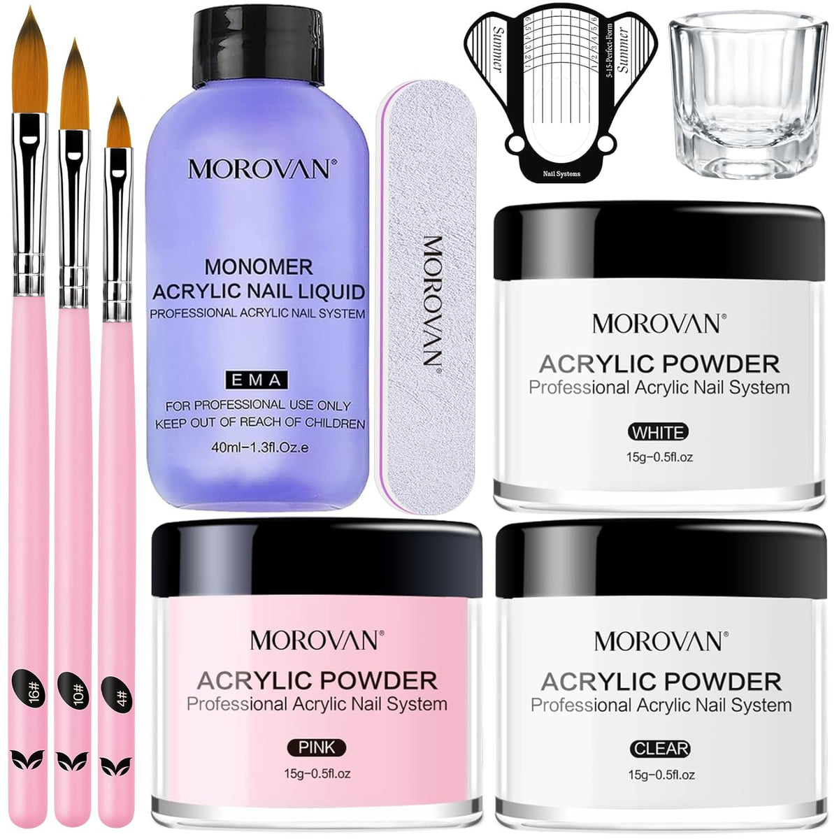 Morovan Acrylic Nail Kit packaging with pink, white, and clear powders