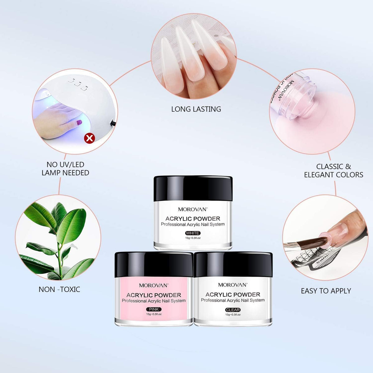 Morovan acrylic powder in pink, white, and clear colours