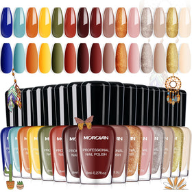 Morovan Boho Nail Polish Set with 15 vibrant colours in packaging