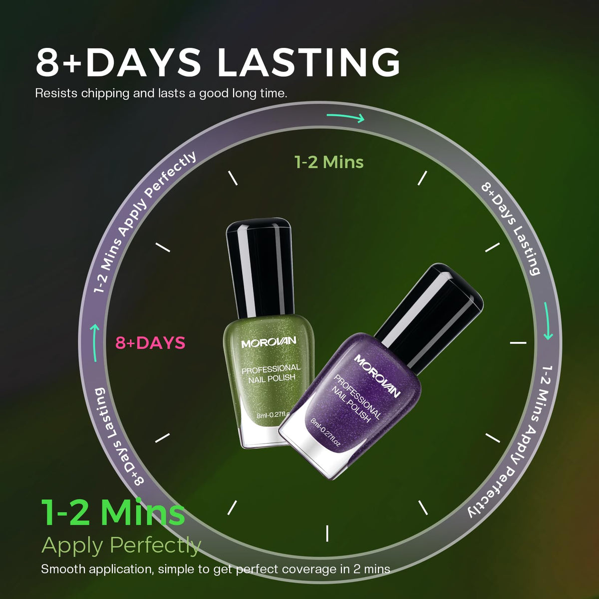 Morovan green and purple nail polish in elegant packaging