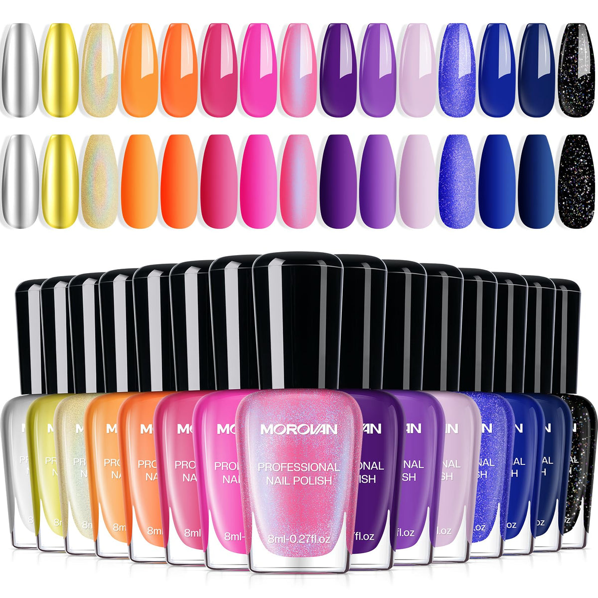 Morovan Neon Nail Polish Set 15 colours displayed in packaging