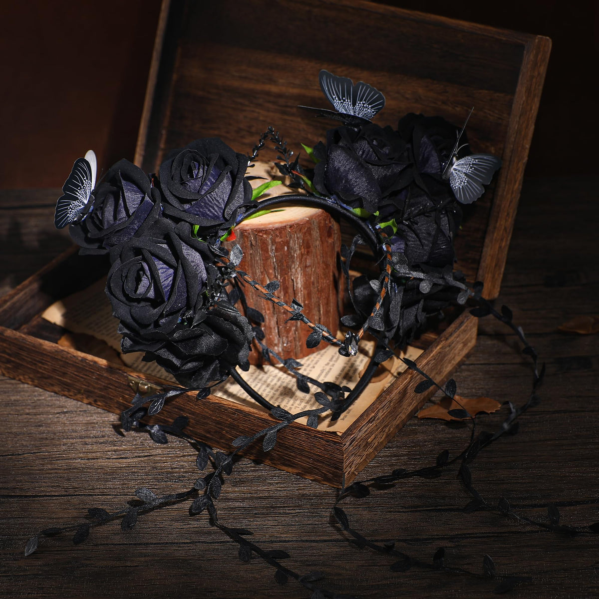 MOSTORY Black Flower Crown Headband with purple flowers close-up