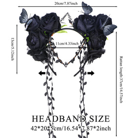 MOSTORY Black Flower Crown Headband worn by a woman at a cosplay event