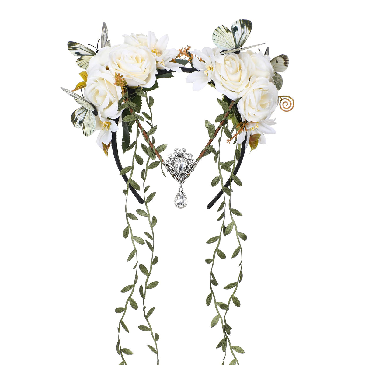 MOSTORY White Fairy Flower Crown front view with floral accents