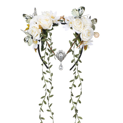 MOSTORY White Fairy Flower Crown front view with floral accents