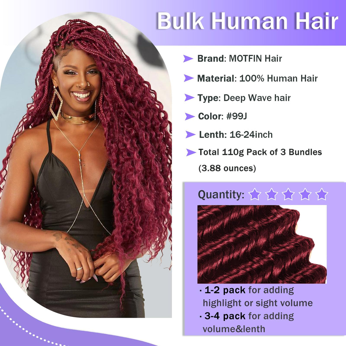 MOTFIN Human Braiding Hair 16 Inch Curly Wave packaging