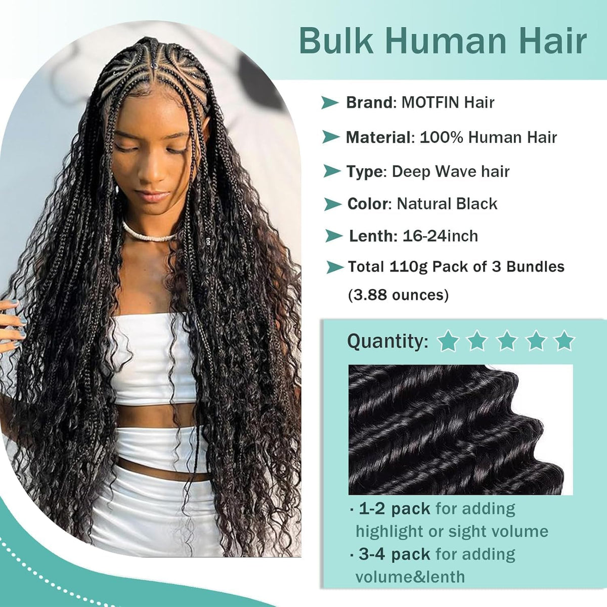 MOTFIN Human Braiding Hair 20 Inch Curly Wave Bundle with accessories