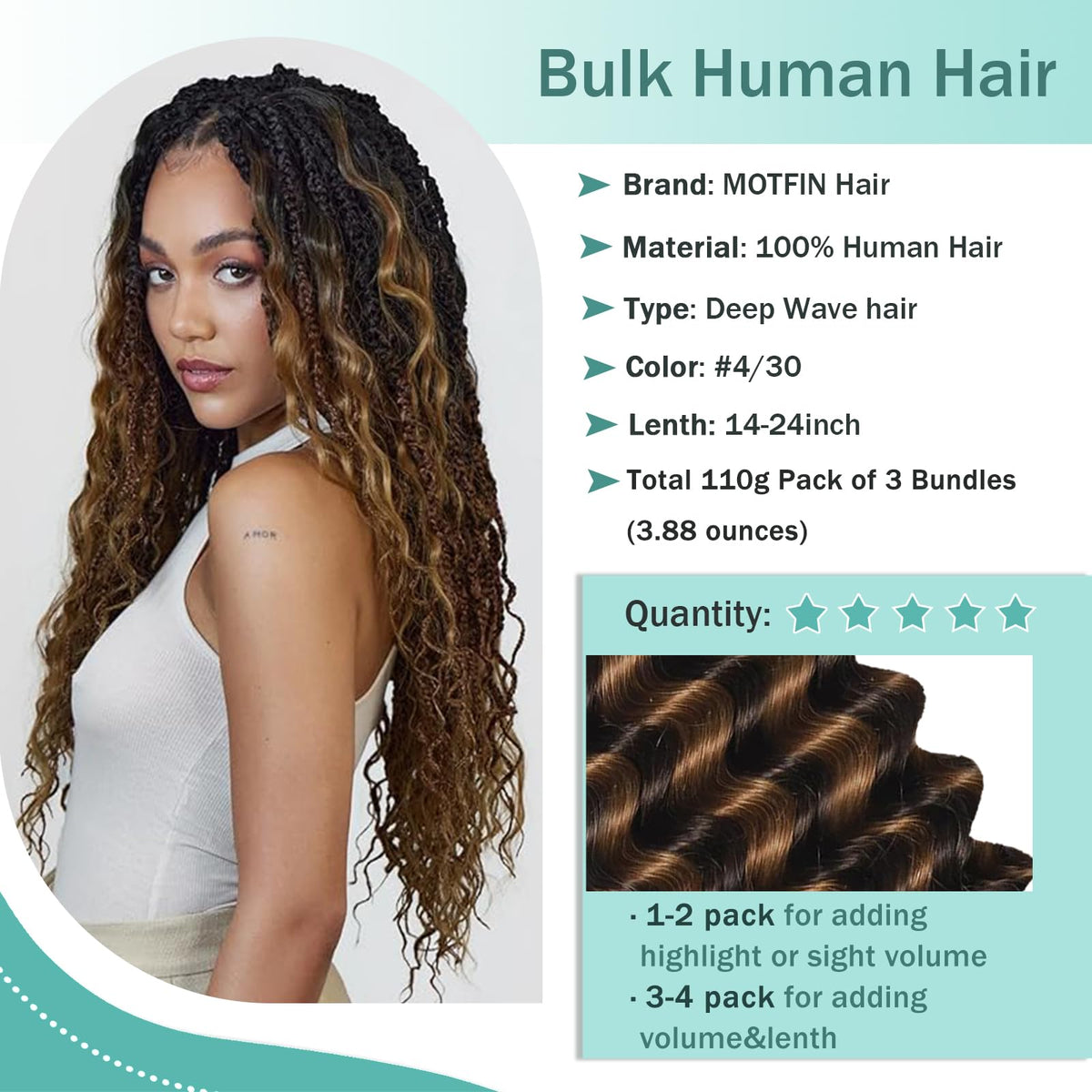 MOTFIN Human Braiding Hair 20 Inch Curly Wave bundles