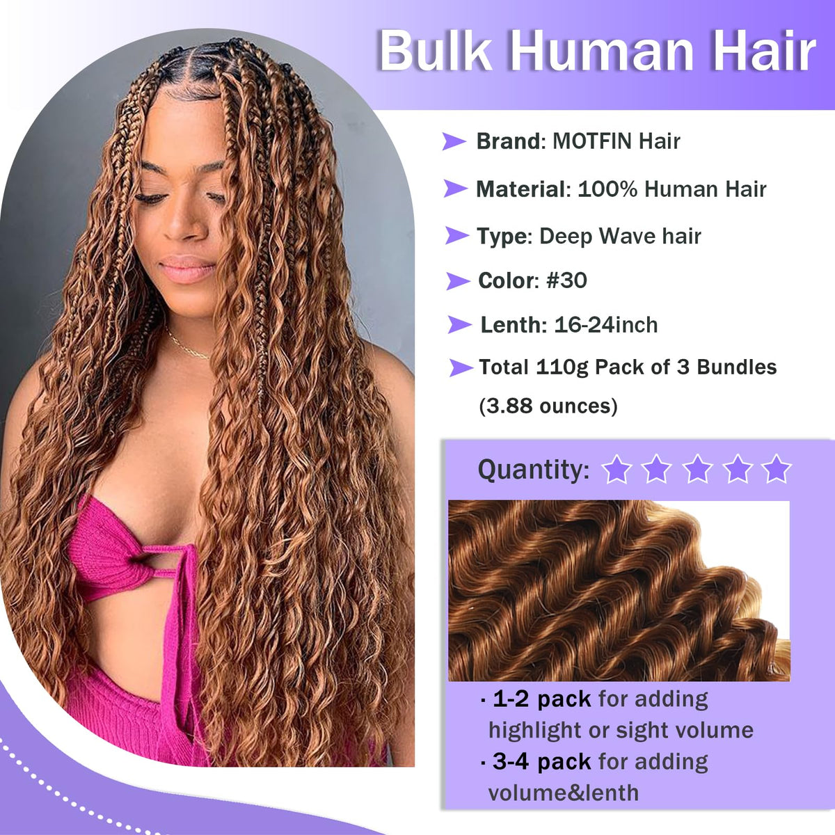 MOTFIN Human Braiding Hair 20 Inch Curly Wave bundles