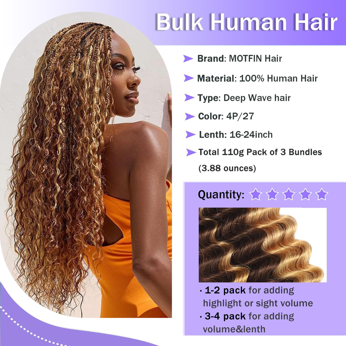 MOTFIN Human Braiding Hair 24 Inch Curly Wave styled in boho braids