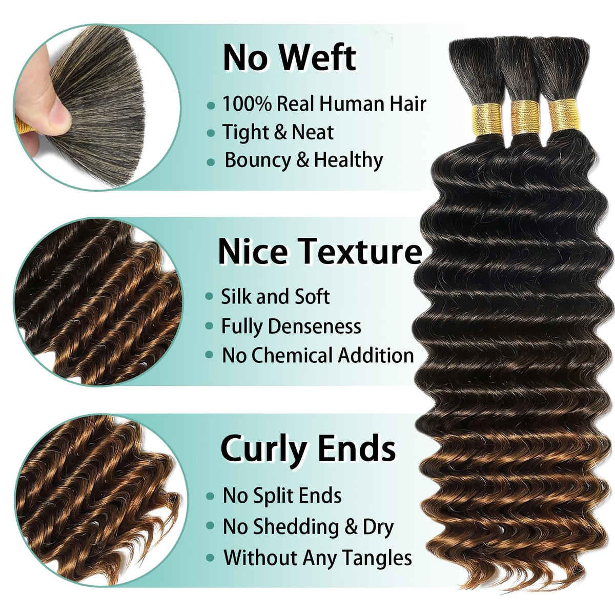 MOTFIN Human Braiding Hair 3 bundles pack with curly texture