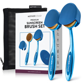 MotherCould Sunscreen Brush Set blue handles with cleaning mat