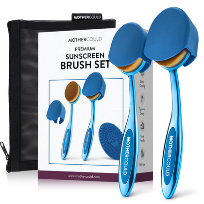 MotherCould Sunscreen Brush Set blue handles with cleaning mat