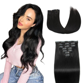 moucyo Clip in Hair Extensions 120g 18 Inch Natural Black front view