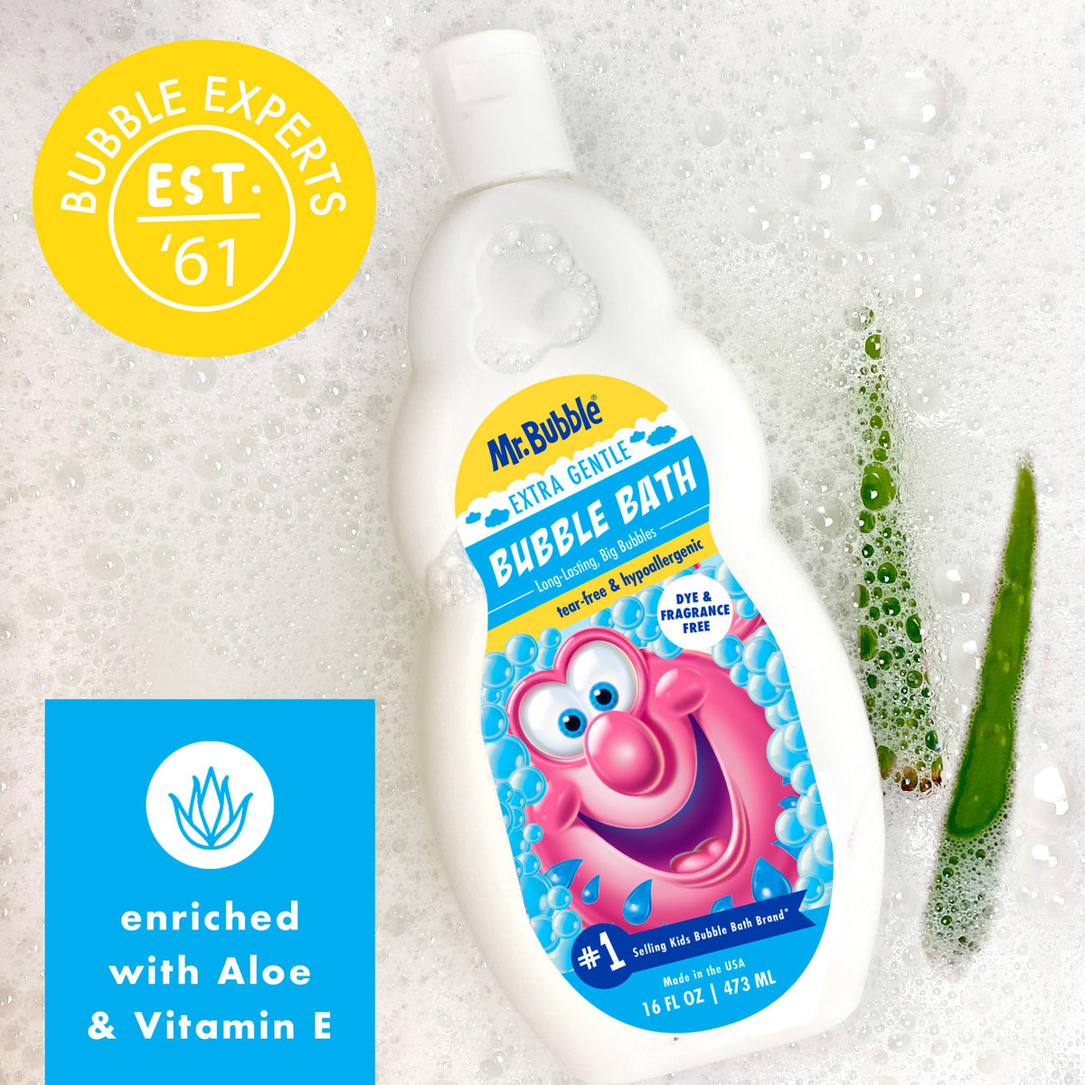 Mr. Bubble Extra Gentle Bubble Bath in a bathtub filled with bubbles