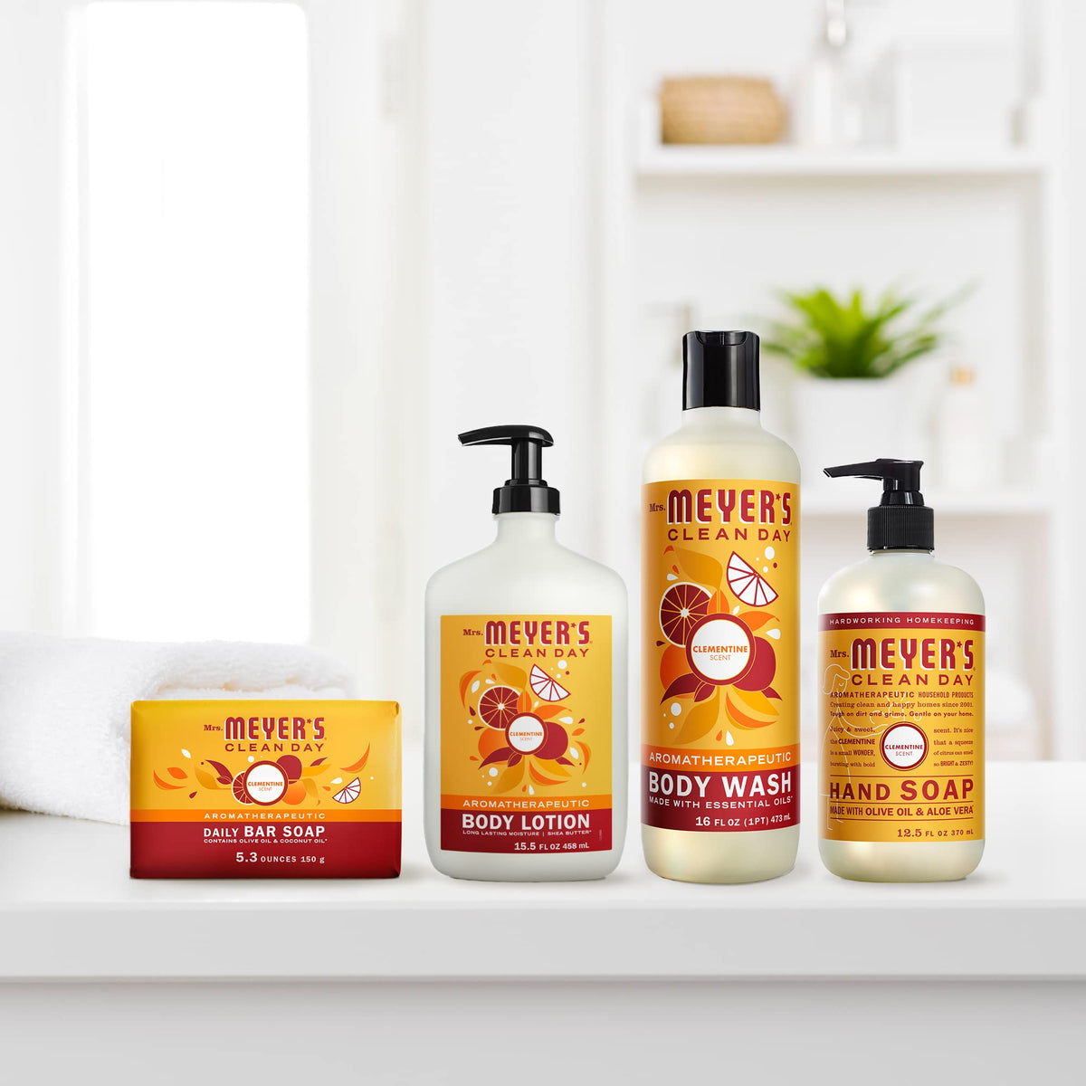 Mrs. MEYER'S Clean Day Clementine Bar Soap displayed on a sink