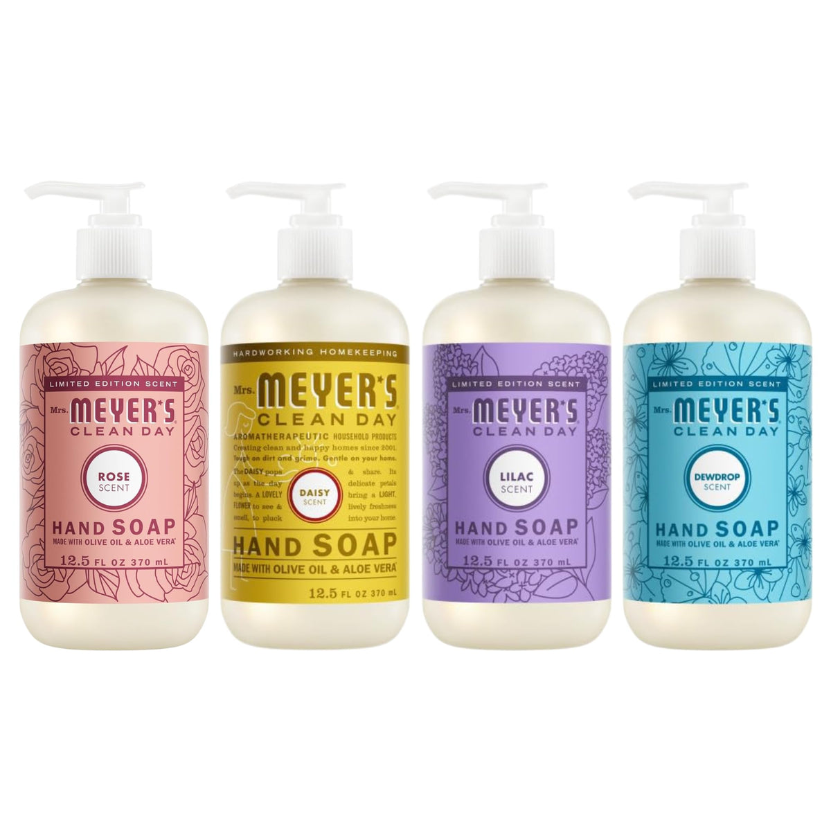 Mrs. MEYER'S Clean Day Liquid Hand Soap Variety Pack front view with Rose, Lilac, Daisy, and Dewdrop bottles