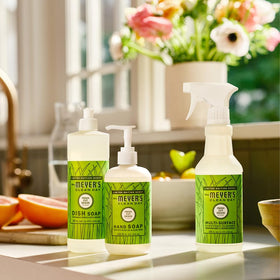 Mrs. MEYER'S Hand Soap Fresh Cut Grass bottle with soap lather