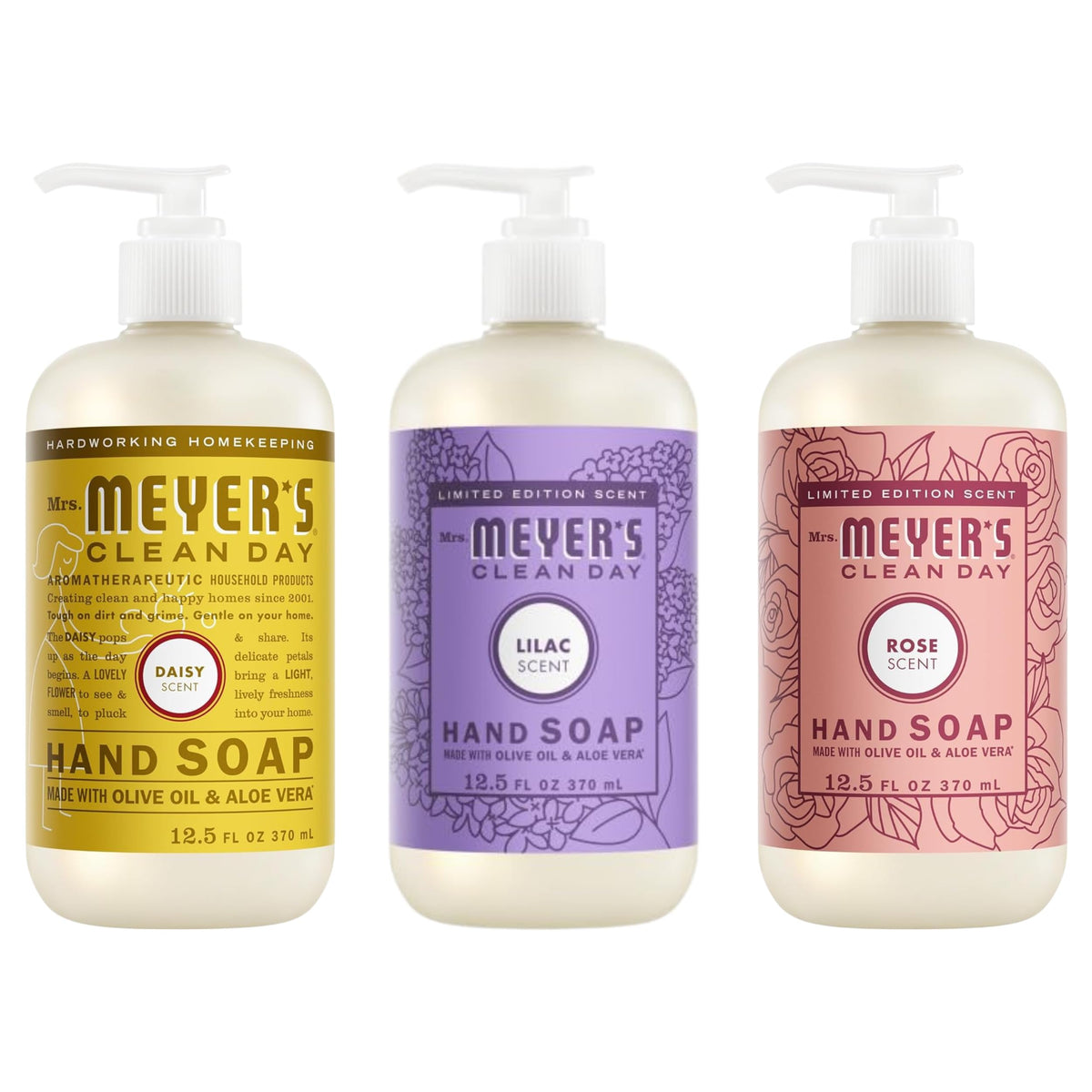 Mrs. MEYER'S Hand Soap Variety Pack featuring Lilac, Daisy, and Rose scents