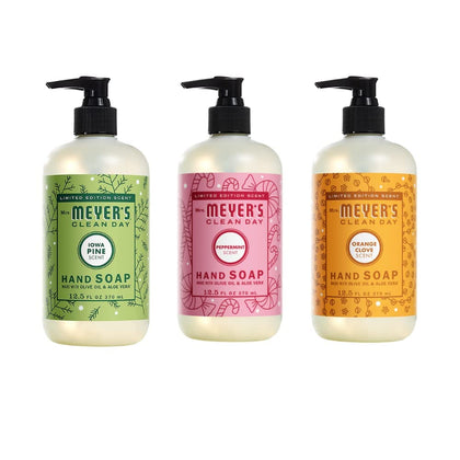 Mrs. MEYER'S hand soap variety pack with Peppermint, Iowa Pine, and Orange Clove bottles