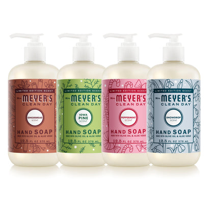 Mrs. MEYER'S Holiday Liquid Hand Soap Set featuring four bottles with festive labels