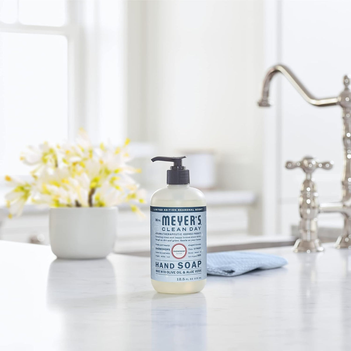 Mrs. MEYER'S Snowdrop Liquid Hand Soap in a kitchen setting