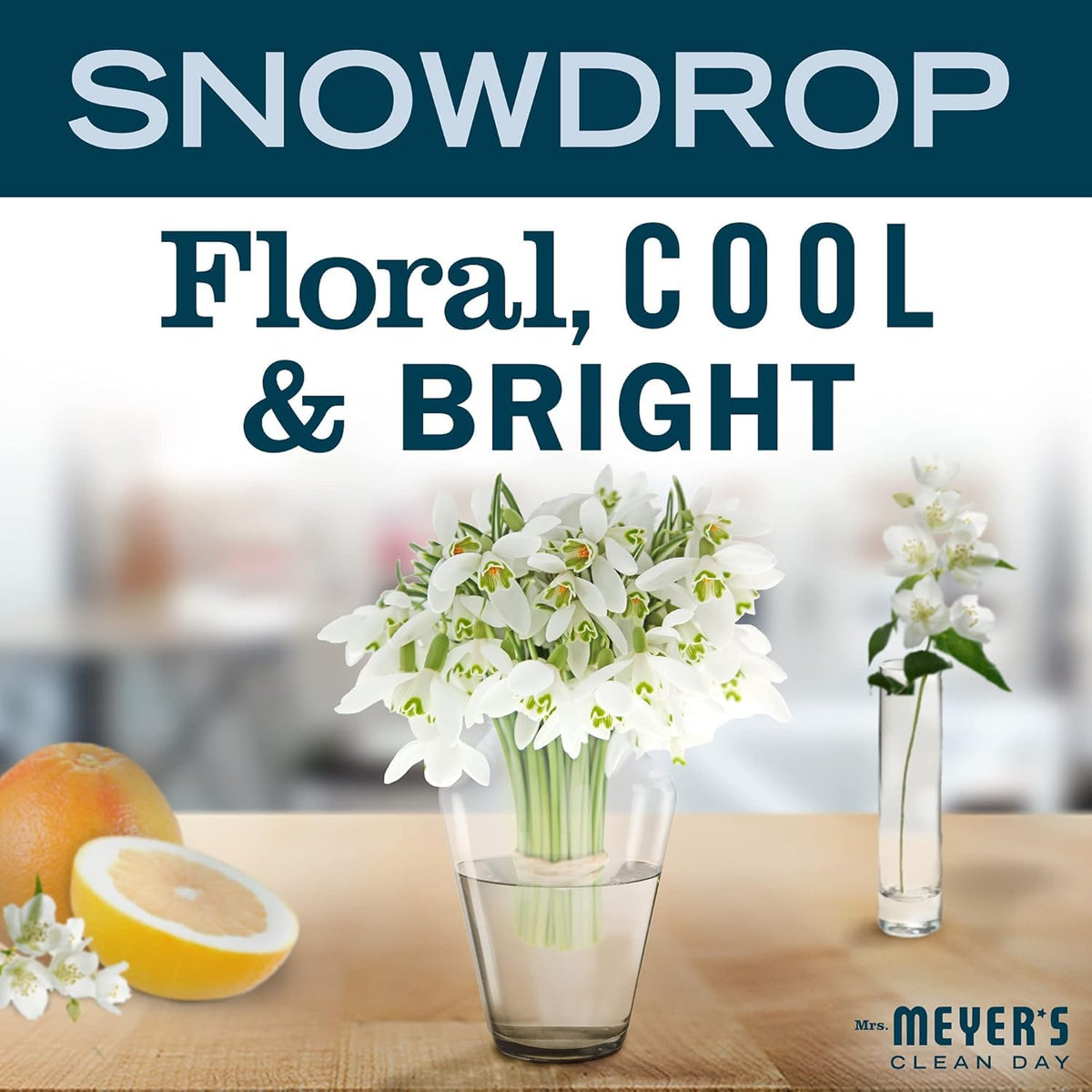 Mrs. MEYER'S Snowdrop Liquid Hand Soap with floral background