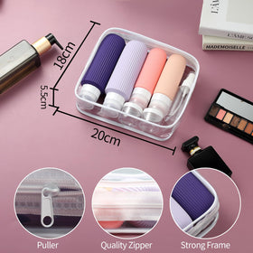 Mrsdry travel bottles in a clear toiletry bag on a travel background