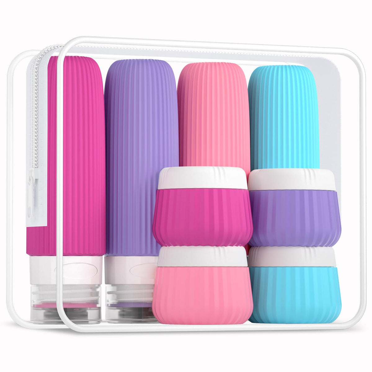 Mrsdry Travel Bottles set including silicone squeeze bottles and cream jars in clear bag