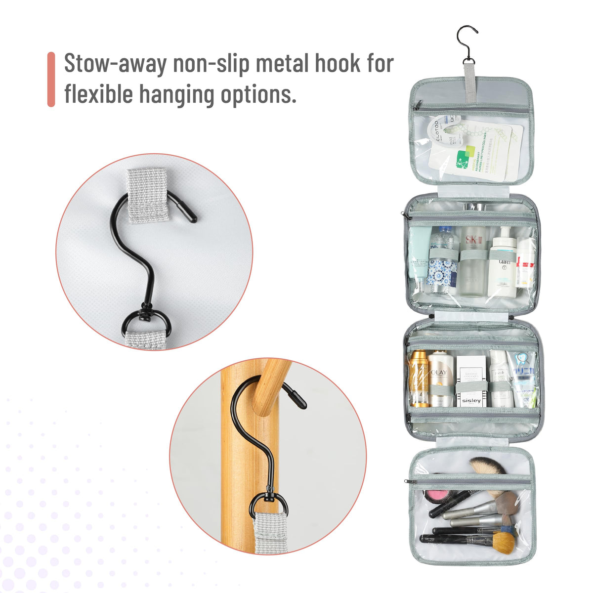 Ms. Pen Travel Toiletry Bag Organiser hanging on a towel bar