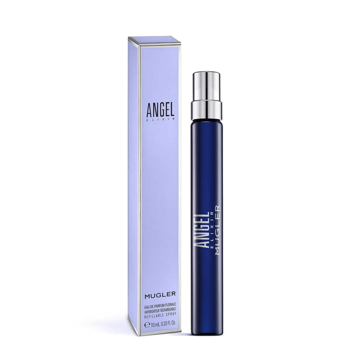 Mugler Angel Elixir Eau de Parfum deep blue bottle with floral design