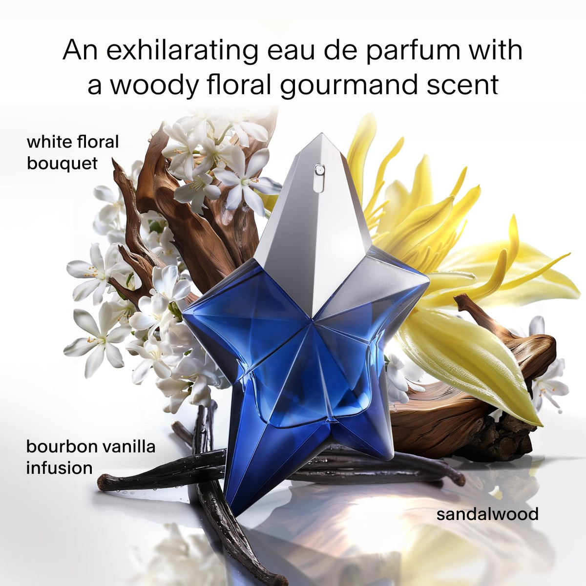 Mugler Angel Elixir Eau de Parfum packaging with floral and woody scent description