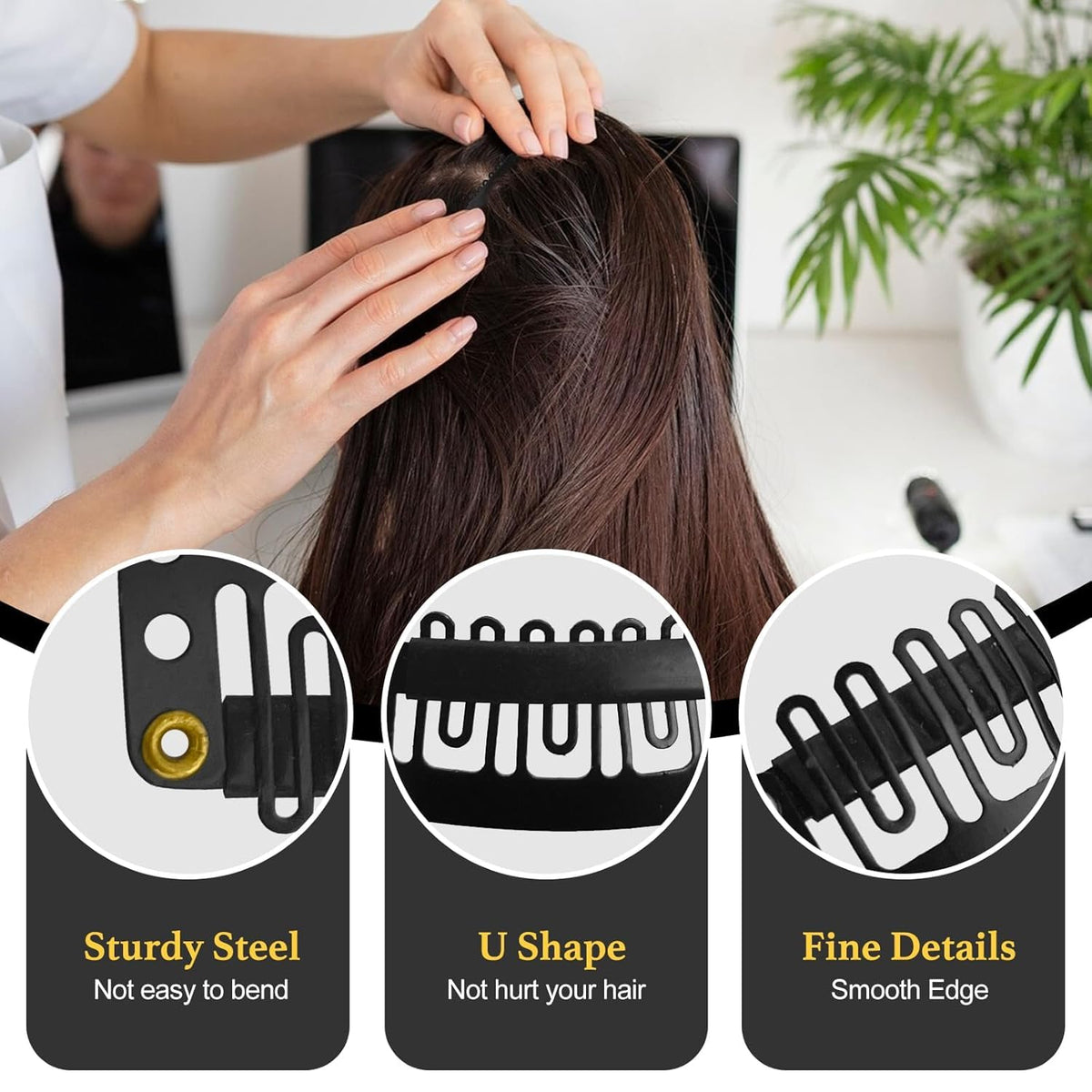 MUIIGOOD wig clips alongside sewing needles and weaving thread