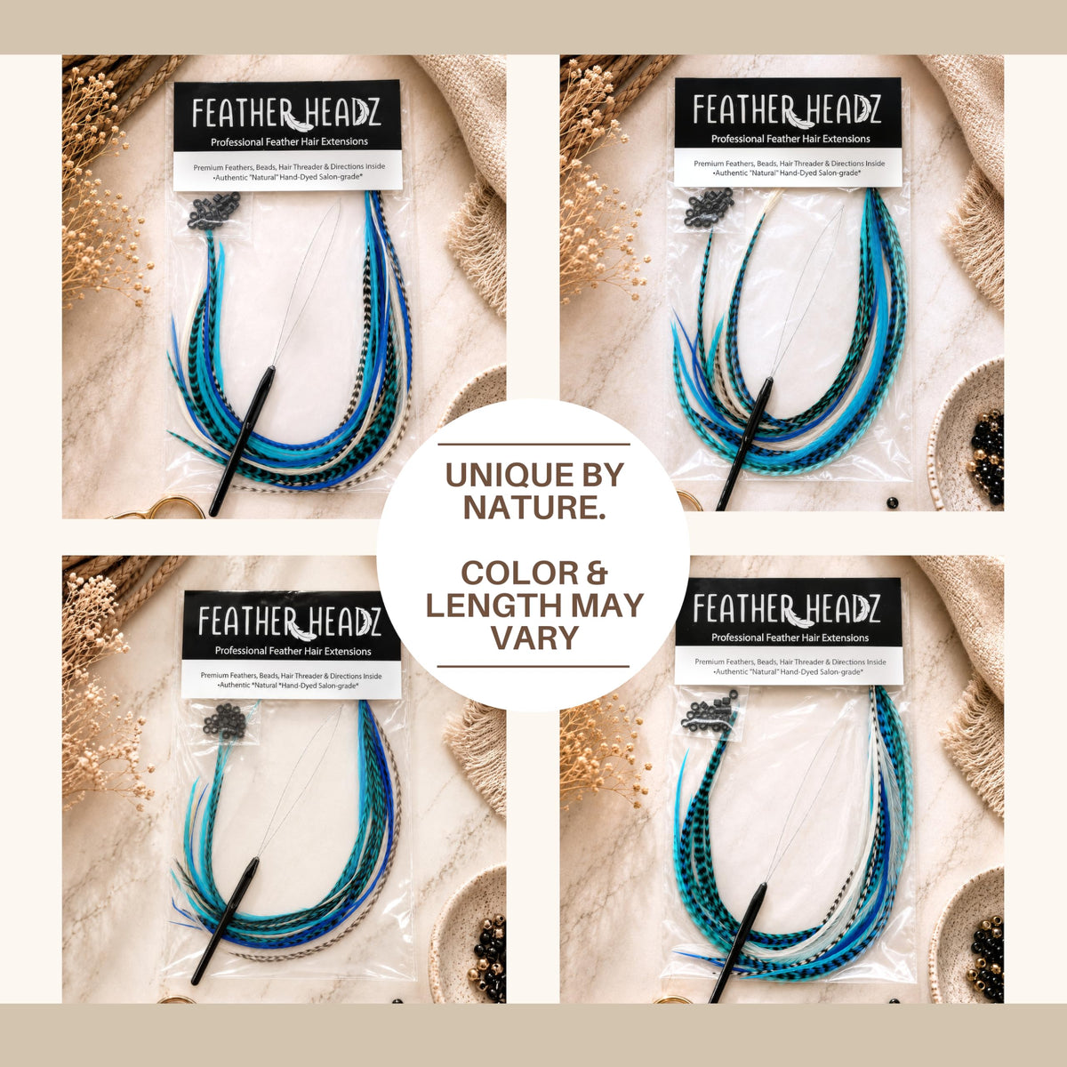 Multiple Feather Headz blue feathers styled in hair