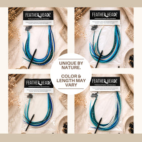 Multiple Feather Headz blue feathers styled in hair