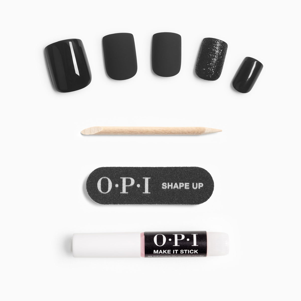 Multiple sizes of OPI On Point Little Black Onyx Dress Press On Nails displayed